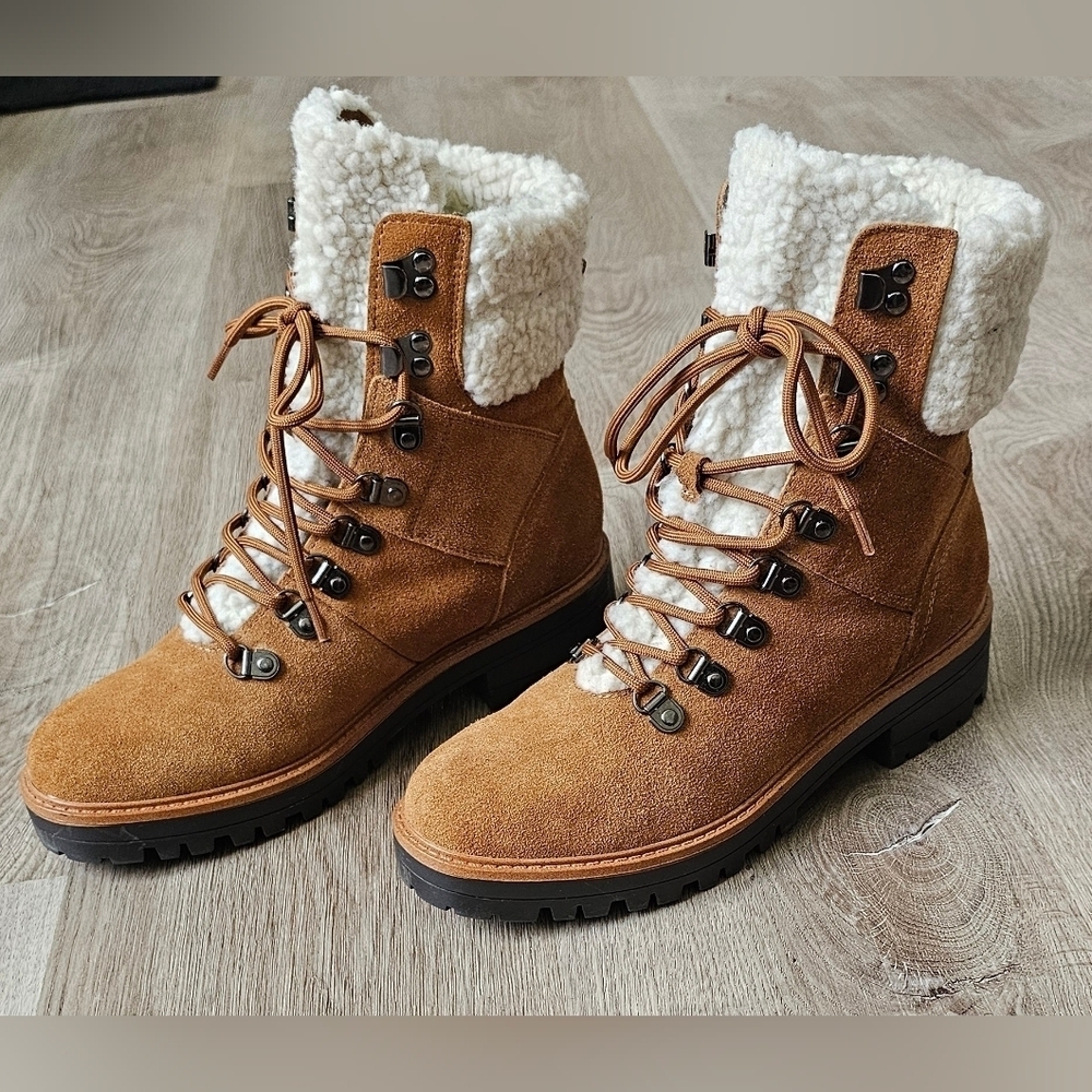 Marc Fisher Tan Suede Sherpa-Lined Lace-Up Winter Boots – Size 8M - Picture 3 of 12
